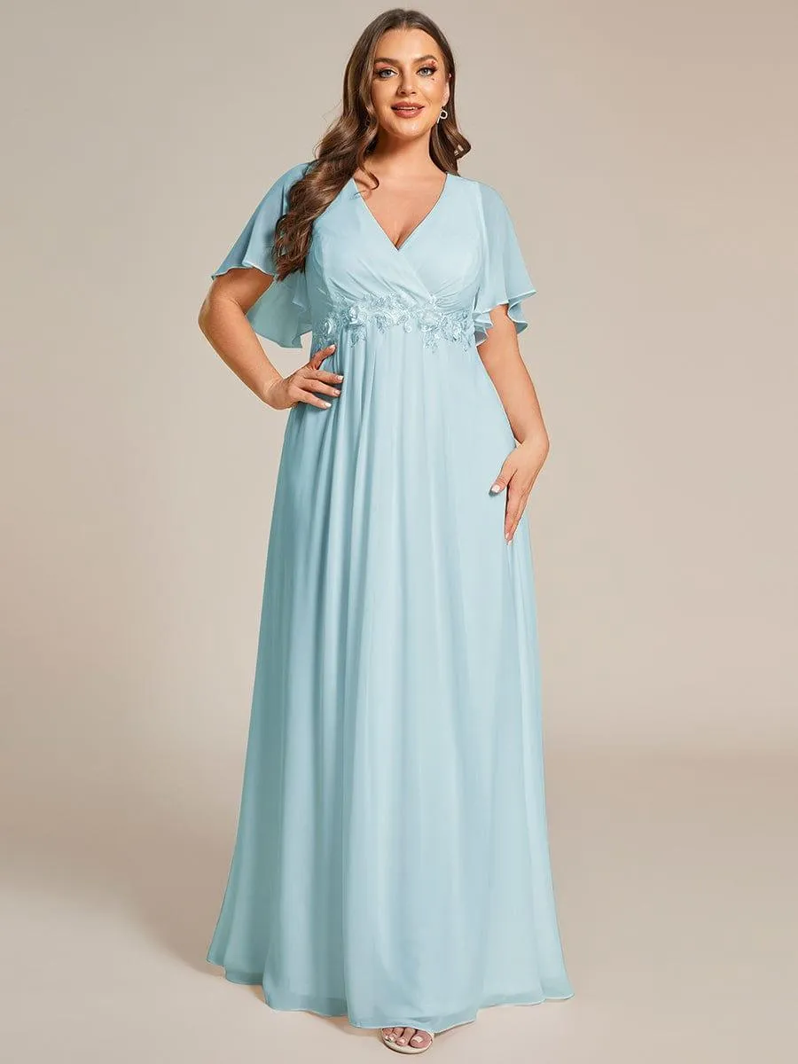 Gentle Iris | Ruffles Sleeve A-Line Chiffon Waist Applique Maxi Mother of the Bride Dress