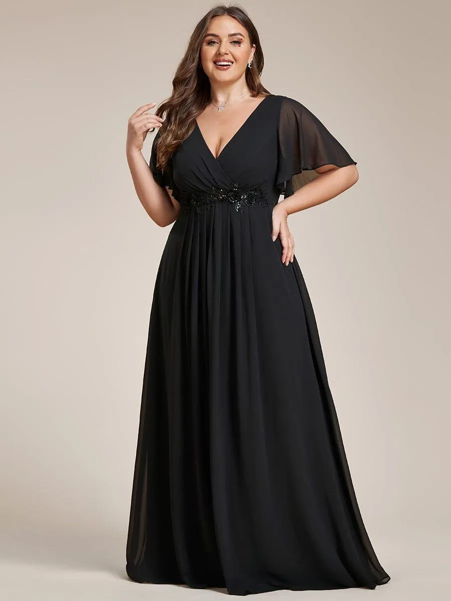 Gentle Iris | Ruffles Sleeve A-Line Chiffon Waist Applique Maxi Mother of the Bride Dress