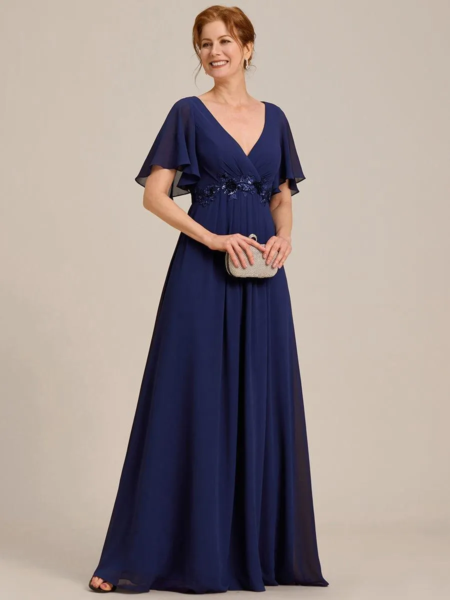 Gentle Iris | Ruffles Sleeve A-Line Chiffon Waist Applique Maxi Mother of the Bride Dress