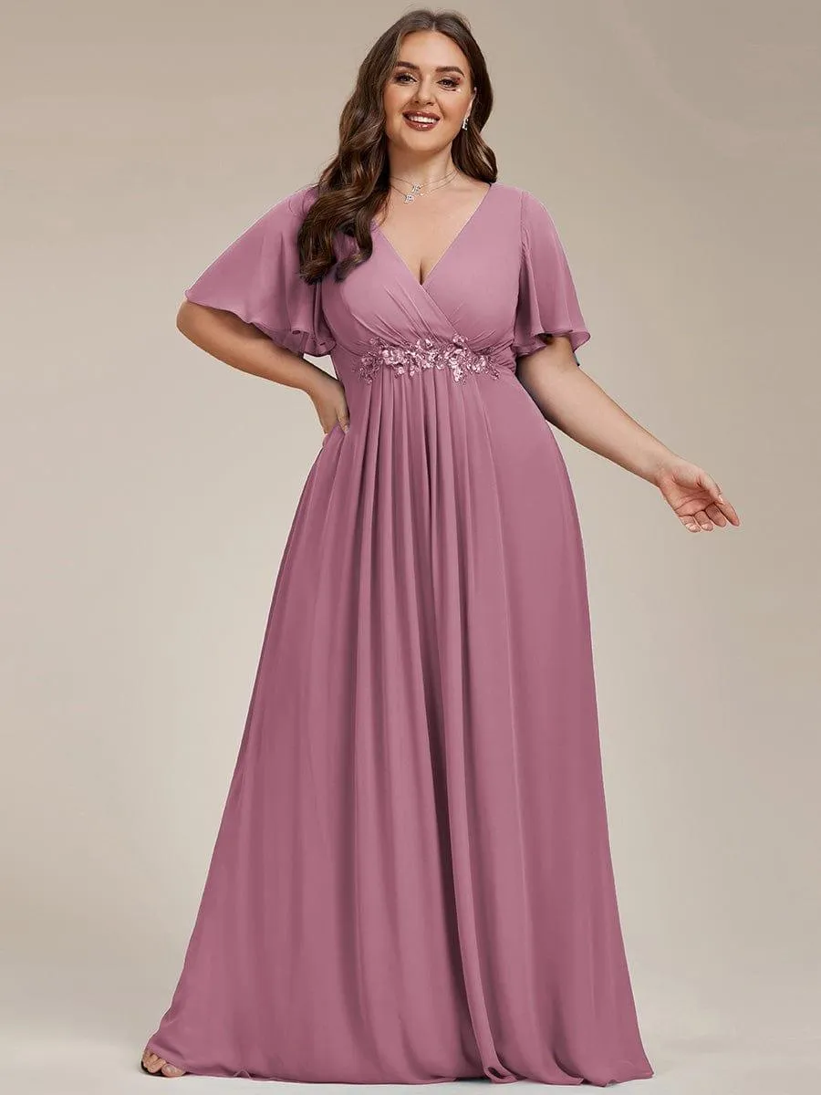 Gentle Iris | Ruffles Sleeve A-Line Chiffon Waist Applique Maxi Mother of the Bride Dress