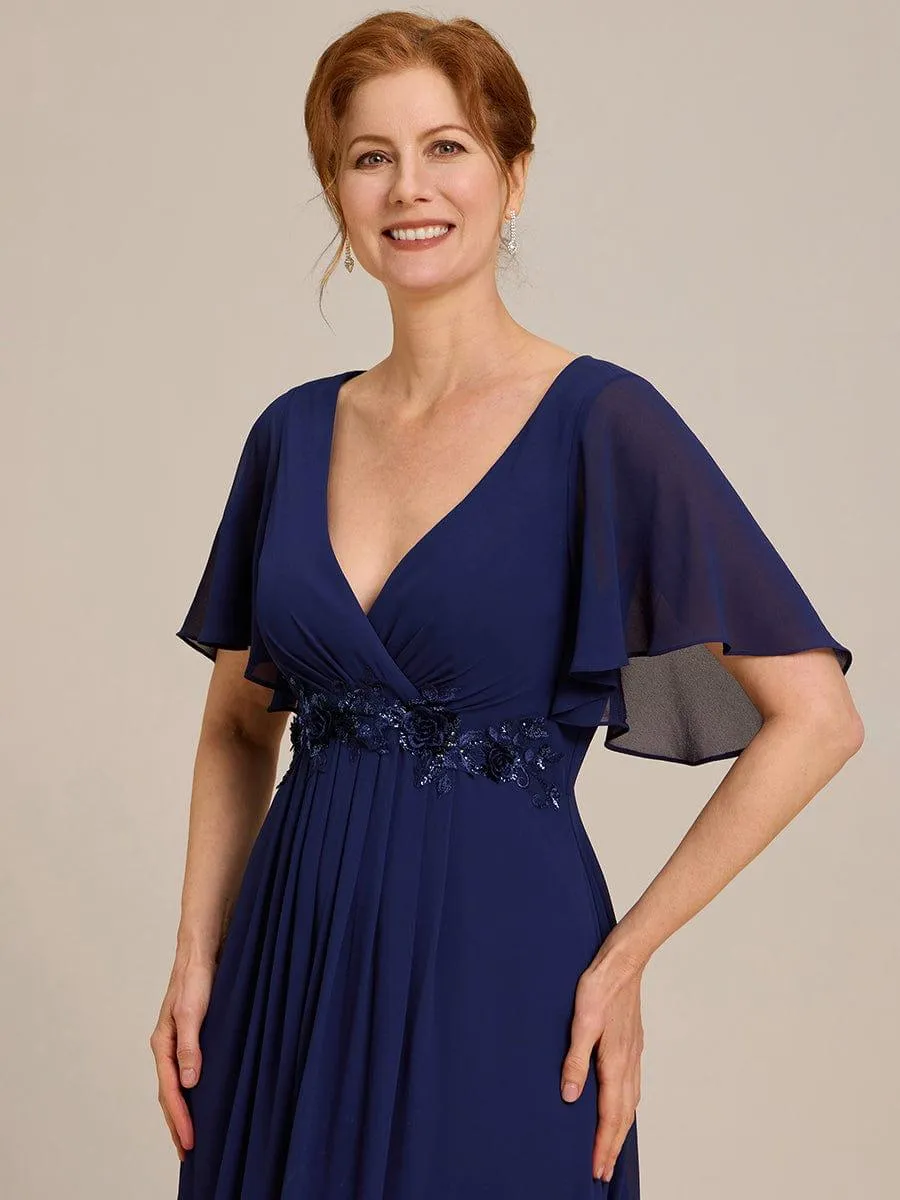 Gentle Iris | Ruffles Sleeve A-Line Chiffon Waist Applique Maxi Mother of the Bride Dress