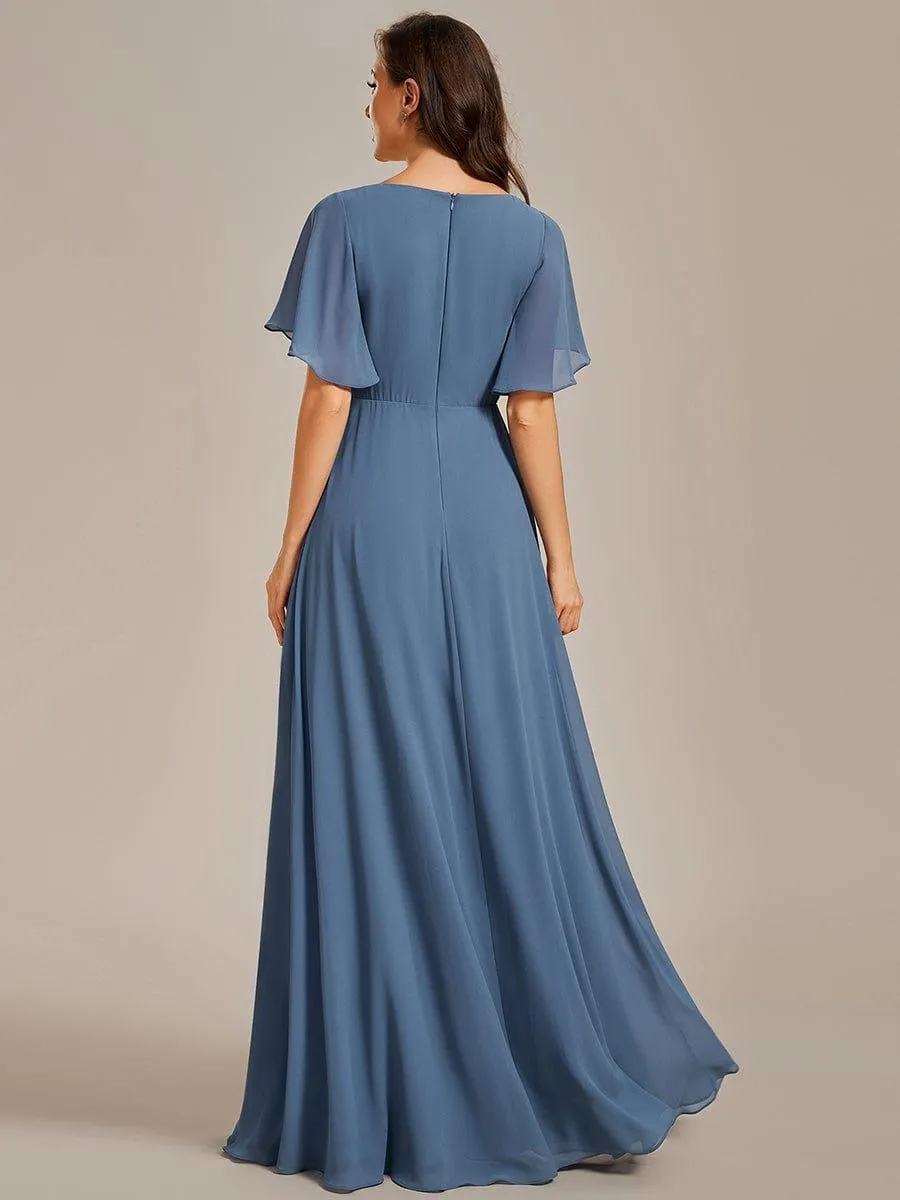 Gentle Iris | Ruffles Sleeve A-Line Chiffon Waist Applique Maxi Mother of the Bride Dress