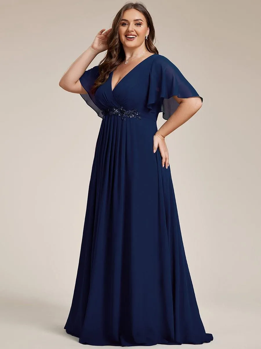 Gentle Iris | Ruffles Sleeve A-Line Chiffon Waist Applique Maxi Mother of the Bride Dress