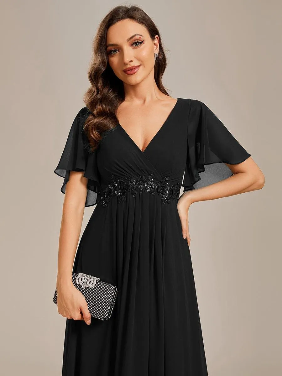 Gentle Iris | Ruffles Sleeve A-Line Chiffon Waist Applique Maxi Mother of the Bride Dress