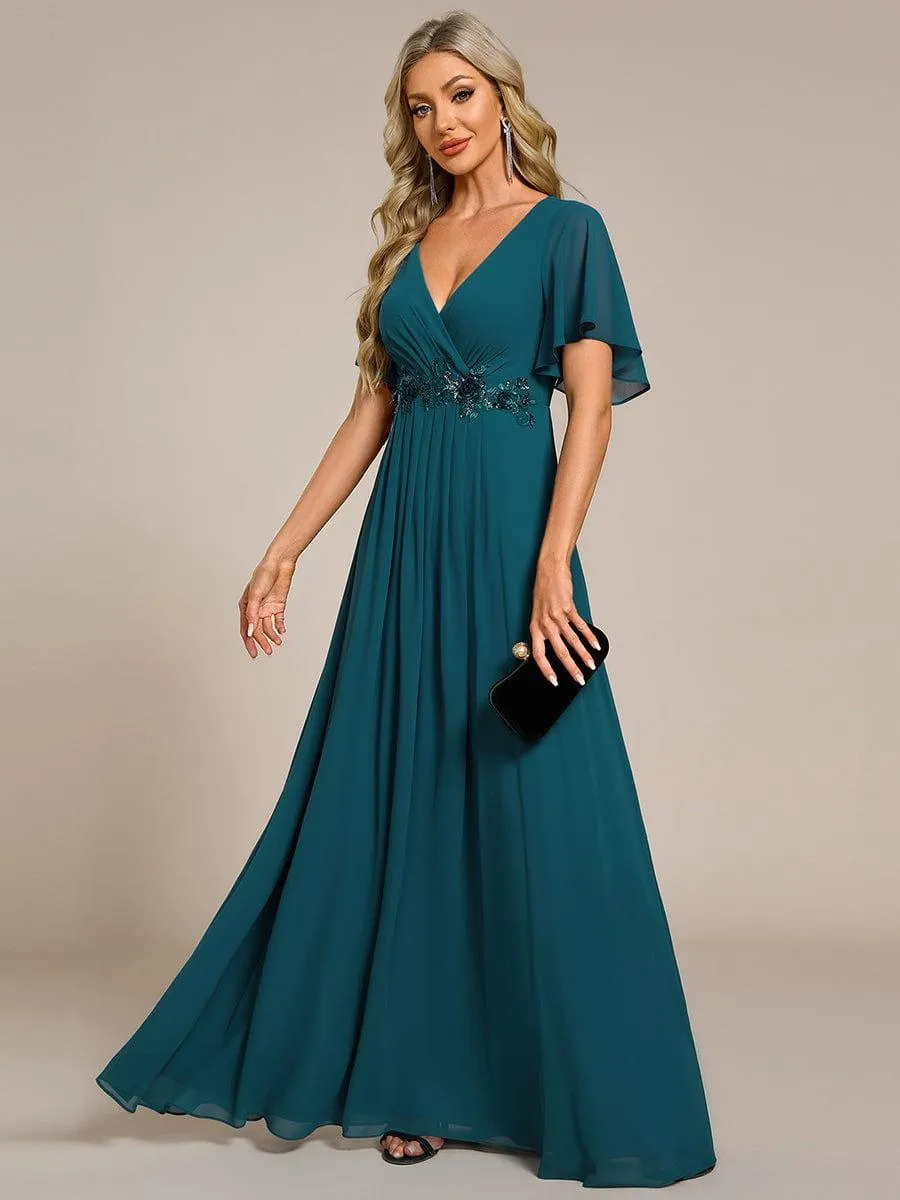 Gentle Iris | Ruffles Sleeve A-Line Chiffon Waist Applique Maxi Mother of the Bride Dress