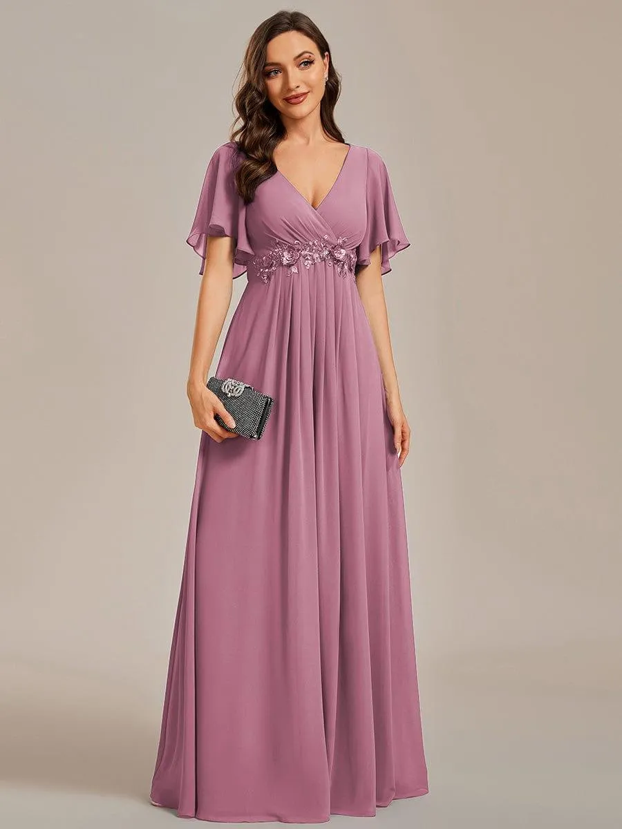 Gentle Iris | Ruffles Sleeve A-Line Chiffon Waist Applique Maxi Mother of the Bride Dress