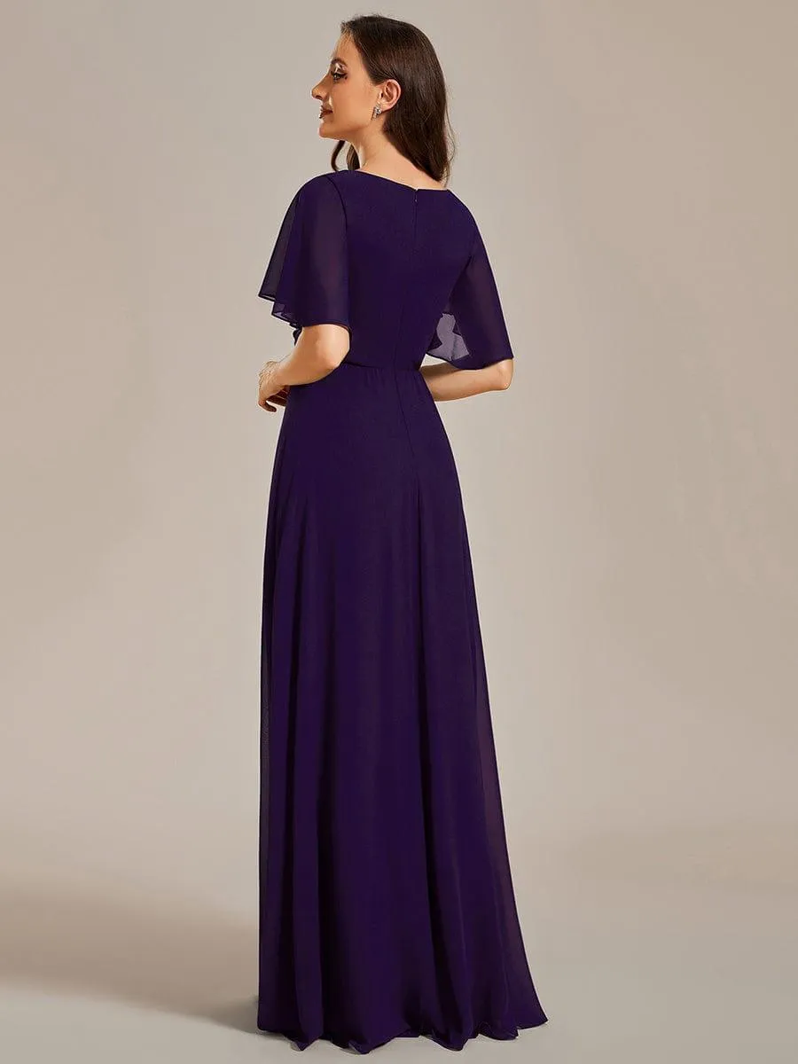 Gentle Iris | Ruffles Sleeve A-Line Chiffon Waist Applique Maxi Mother of the Bride Dress