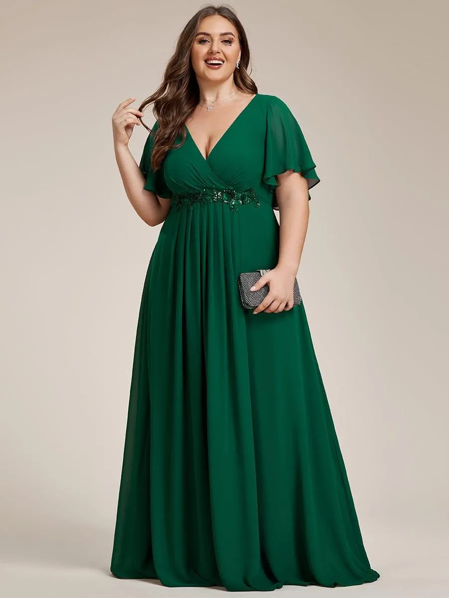 Gentle Iris | Ruffles Sleeve A-Line Chiffon Waist Applique Maxi Mother of the Bride Dress