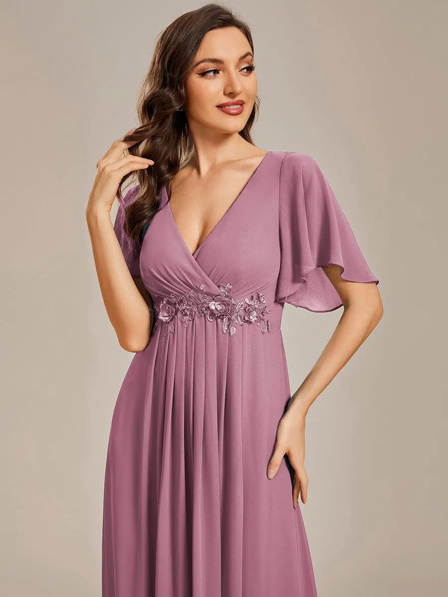 Gentle Iris | Ruffles Sleeve A-Line Chiffon Waist Applique Maxi Mother of the Bride Dress