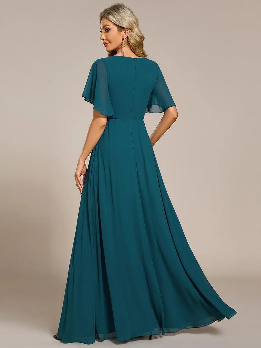 Gentle Iris | Ruffles Sleeve A-Line Chiffon Waist Applique Maxi Mother of the Bride Dress