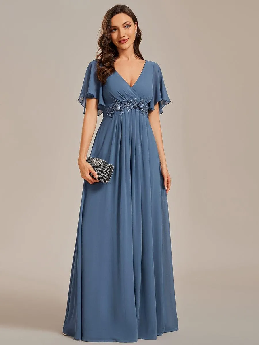 Gentle Iris | Ruffles Sleeve A-Line Chiffon Waist Applique Maxi Mother of the Bride Dress