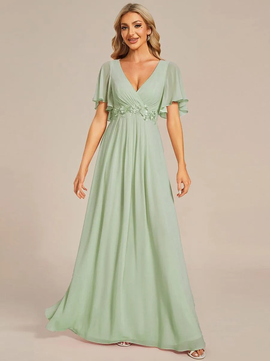 Gentle Iris | Ruffles Sleeve A-Line Chiffon Waist Applique Maxi Mother of the Bride Dress