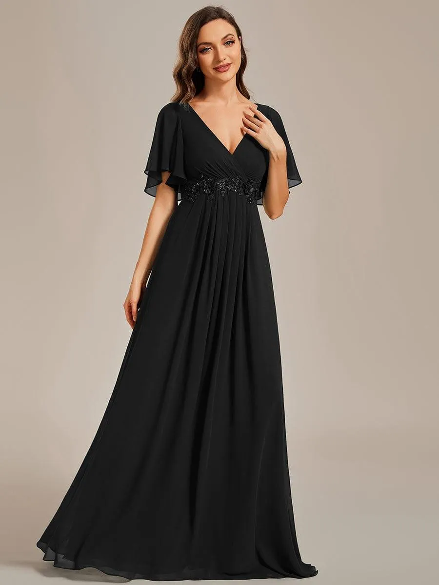 Gentle Iris | Ruffles Sleeve A-Line Chiffon Waist Applique Maxi Mother of the Bride Dress