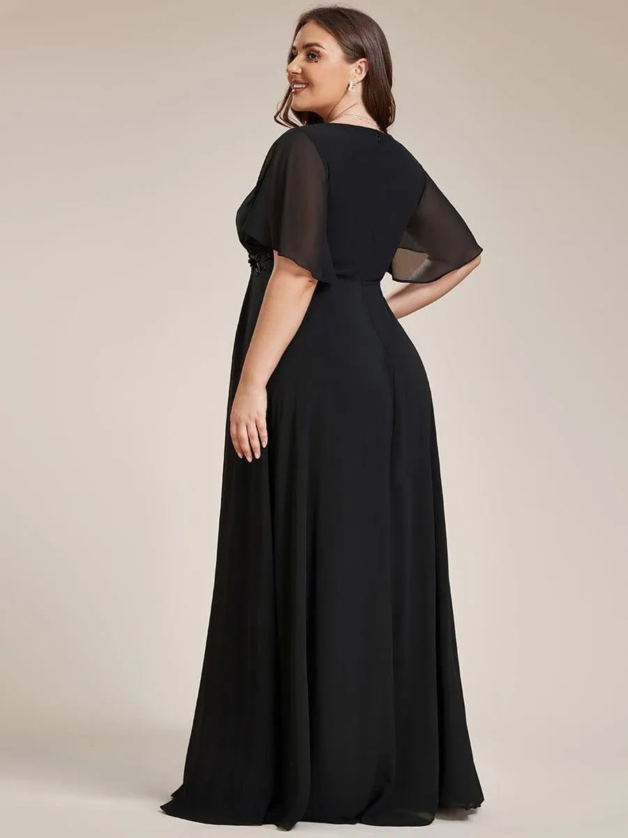 Gentle Iris | Ruffles Sleeve A-Line Chiffon Waist Applique Maxi Mother of the Bride Dress
