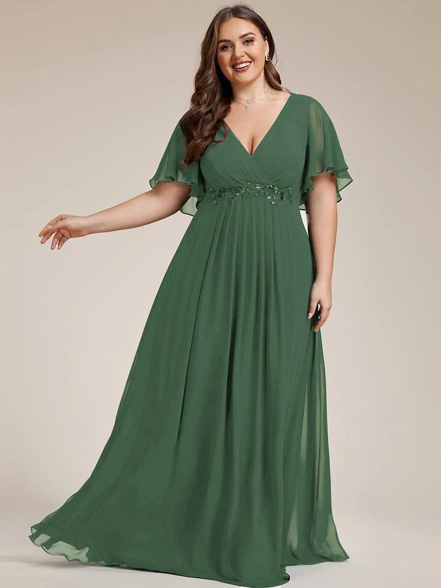 Gentle Iris | Ruffles Sleeve A-Line Chiffon Waist Applique Maxi Mother of the Bride Dress