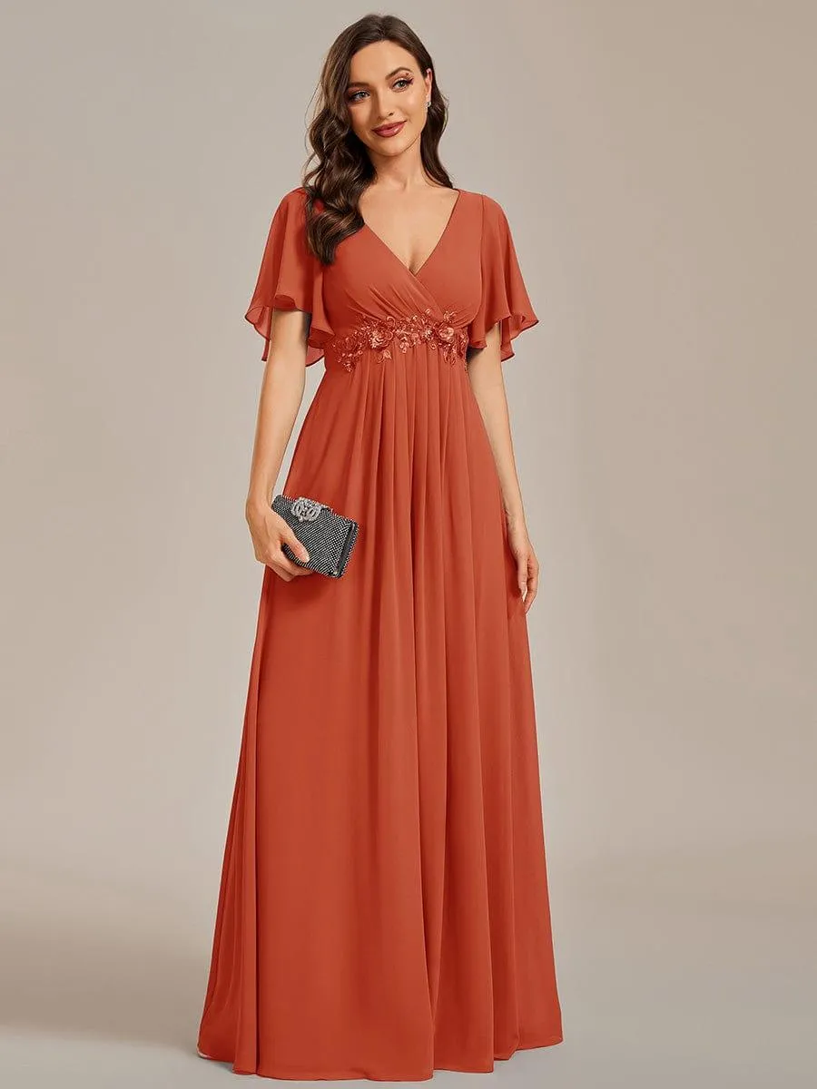 Gentle Iris | Ruffles Sleeve A-Line Chiffon Waist Applique Maxi Mother of the Bride Dress