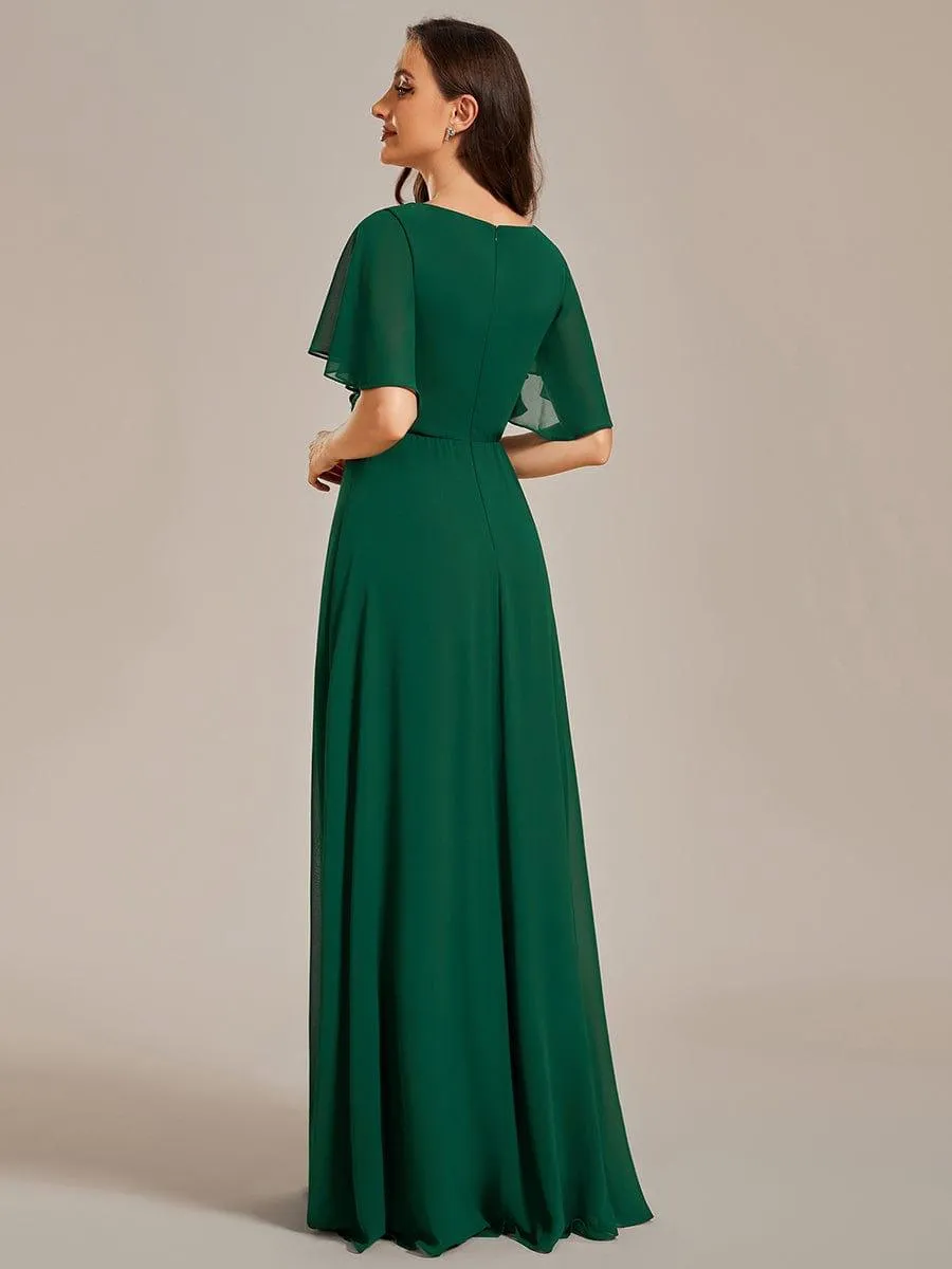 Gentle Iris | Ruffles Sleeve A-Line Chiffon Waist Applique Maxi Mother of the Bride Dress