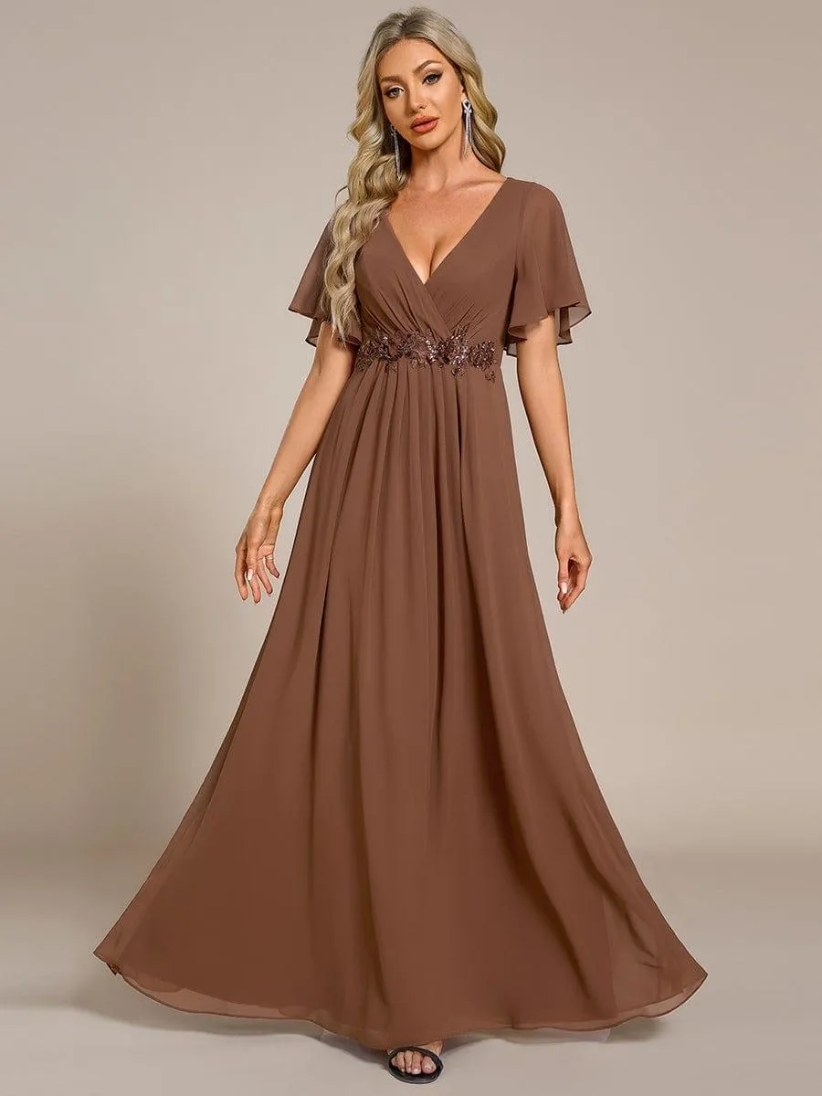 Gentle Iris | Ruffles Sleeve A-Line Chiffon Waist Applique Maxi Mother of the Bride Dress