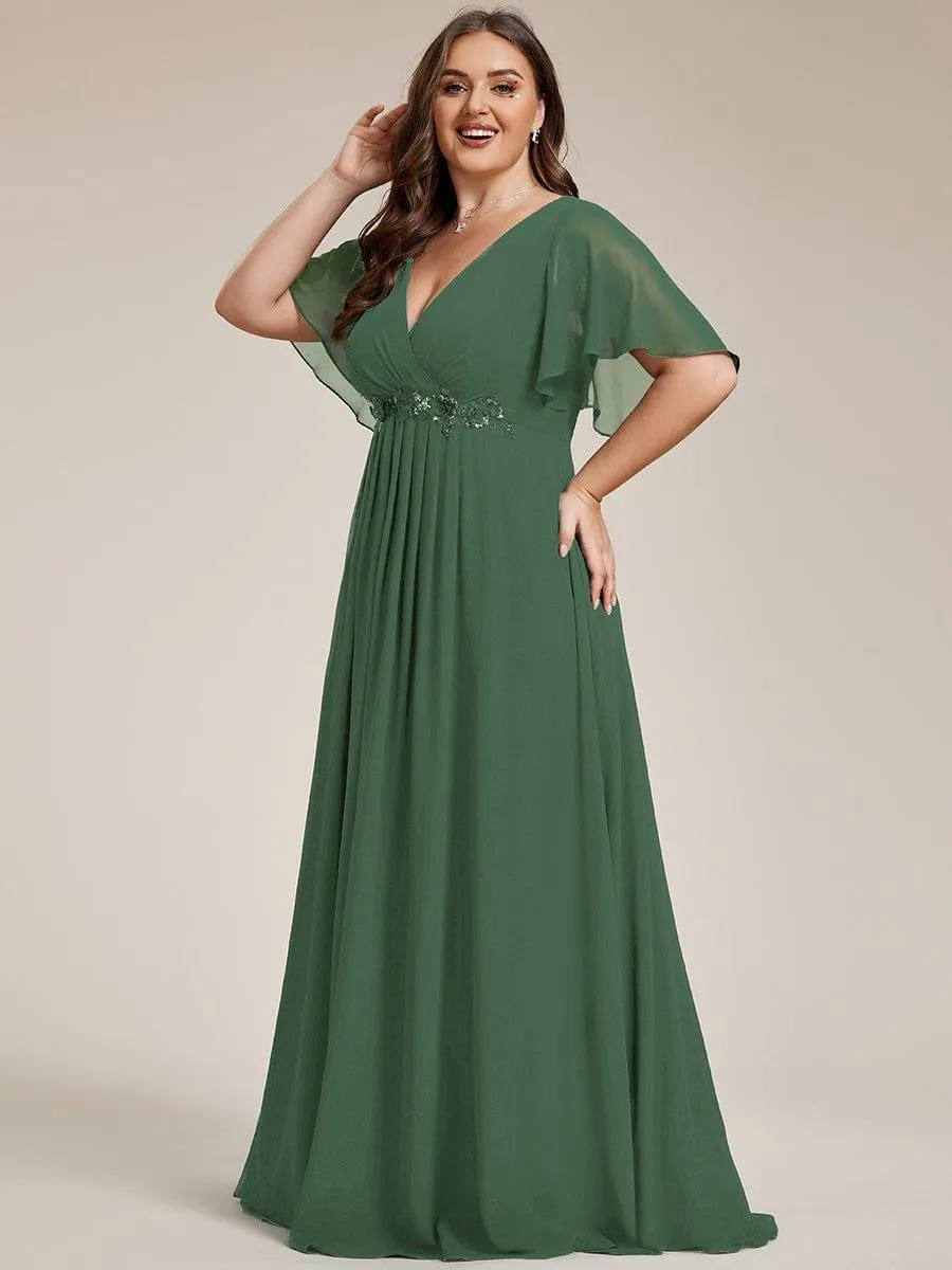 Gentle Iris | Ruffles Sleeve A-Line Chiffon Waist Applique Maxi Mother of the Bride Dress