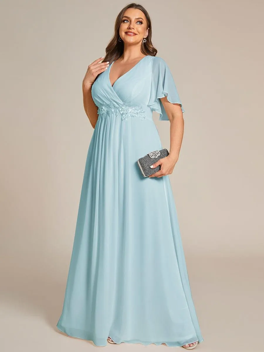 Gentle Iris | Ruffles Sleeve A-Line Chiffon Waist Applique Maxi Mother of the Bride Dress