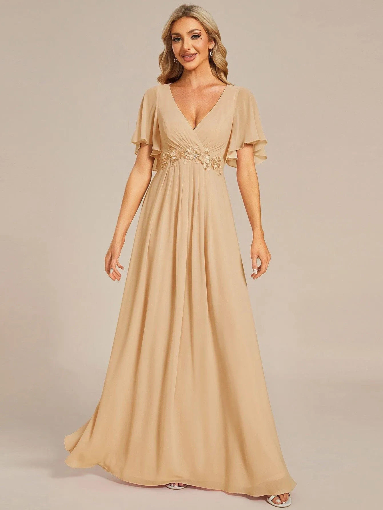 Gentle Iris | Ruffles Sleeve A-Line Chiffon Waist Applique Maxi Mother of the Bride Dress