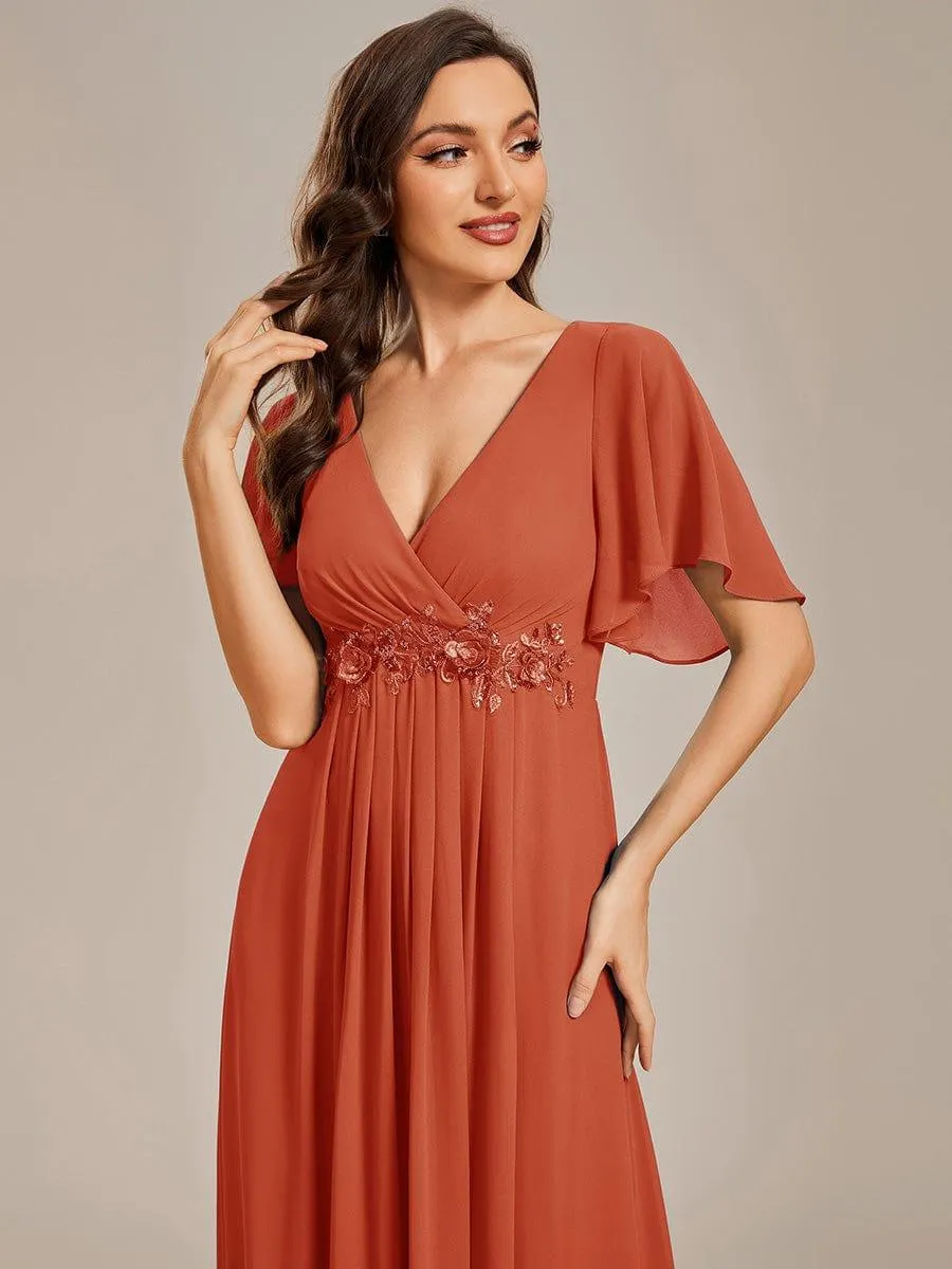 Gentle Iris | Ruffles Sleeve A-Line Chiffon Waist Applique Maxi Mother of the Bride Dress