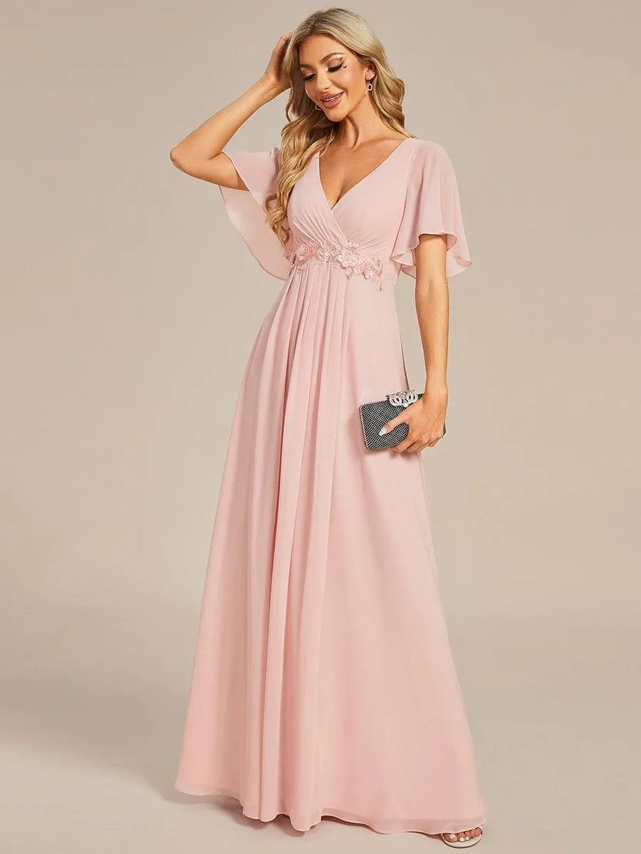 Gentle Iris | Ruffles Sleeve A-Line Chiffon Waist Applique Maxi Mother of the Bride Dress