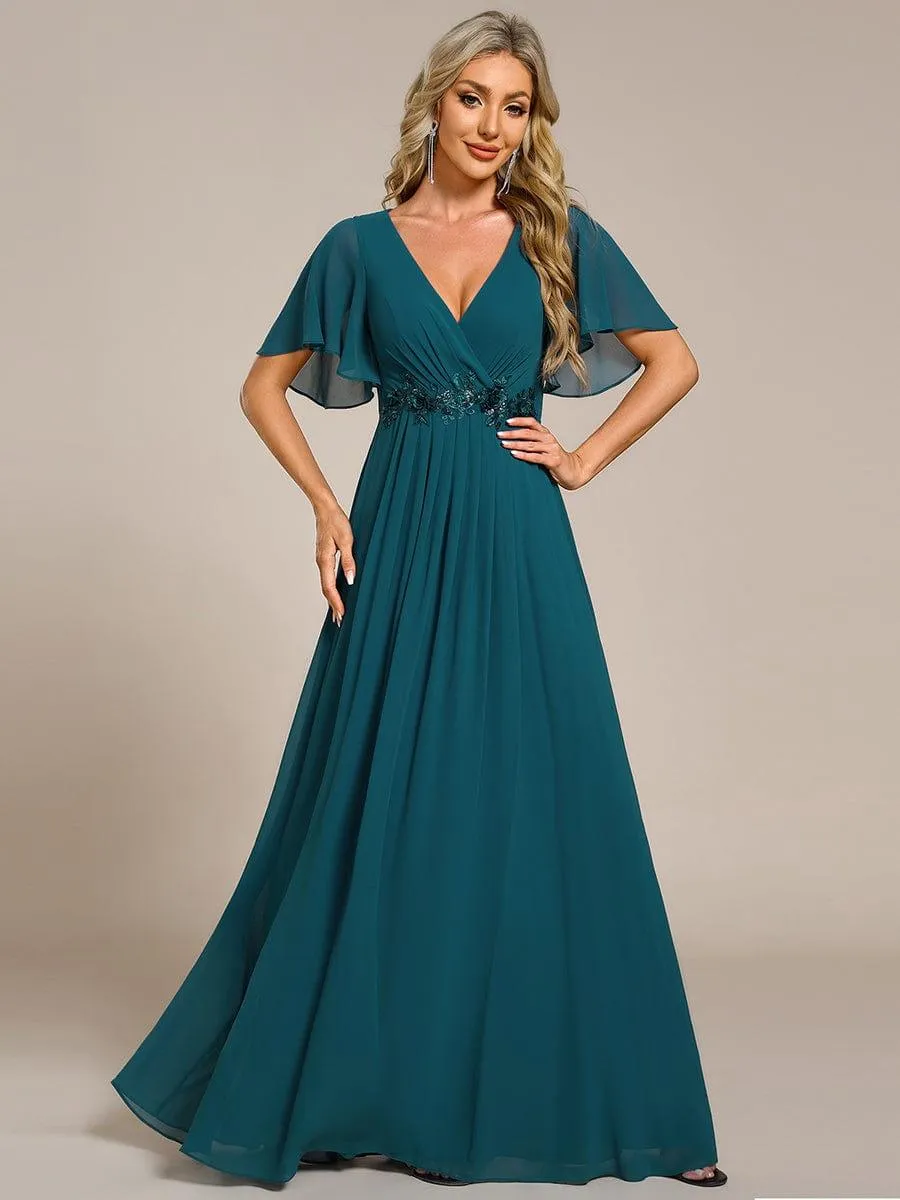 Gentle Iris | Ruffles Sleeve A-Line Chiffon Waist Applique Maxi Mother of the Bride Dress