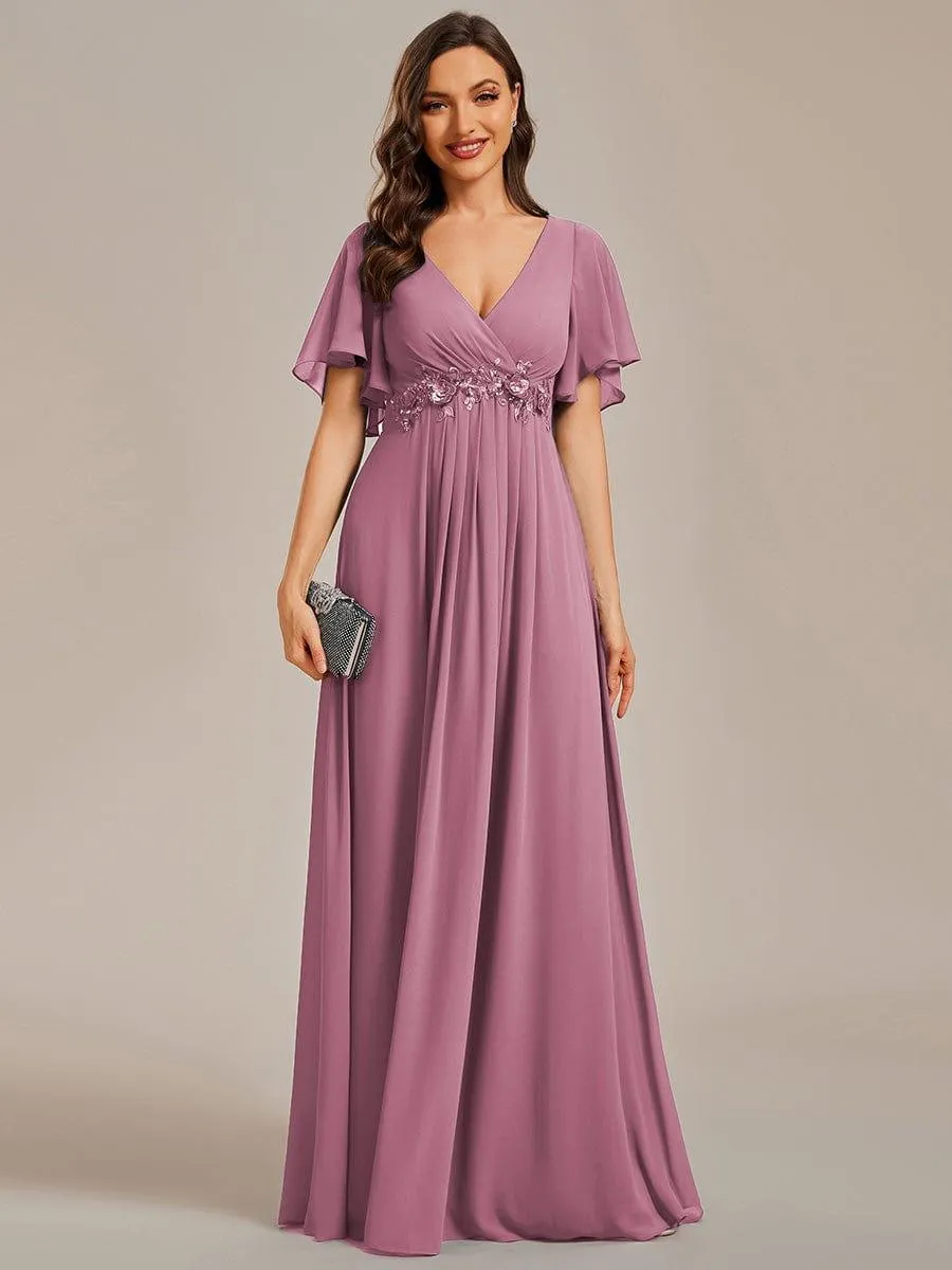 Gentle Iris | Ruffles Sleeve A-Line Chiffon Waist Applique Maxi Mother of the Bride Dress