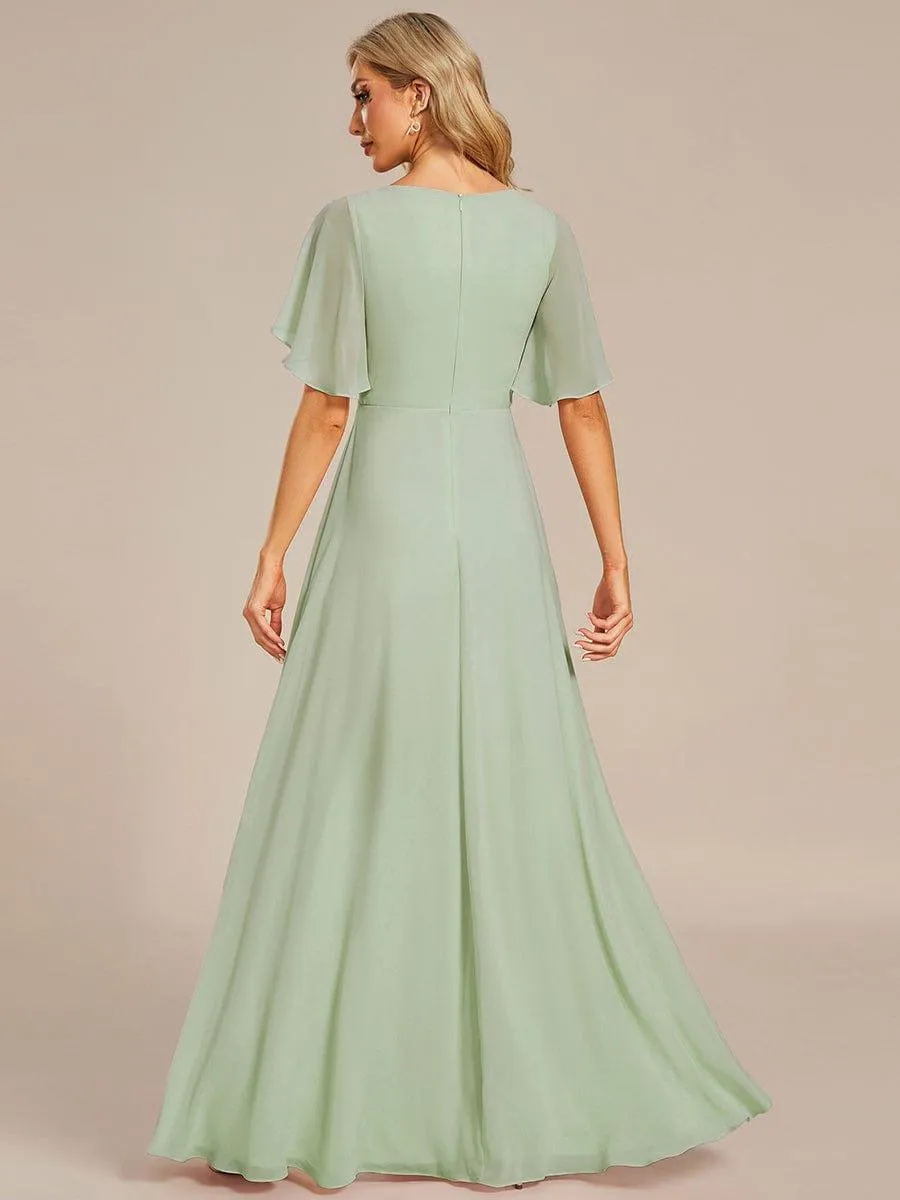 Gentle Iris | Ruffles Sleeve A-Line Chiffon Waist Applique Maxi Mother of the Bride Dress