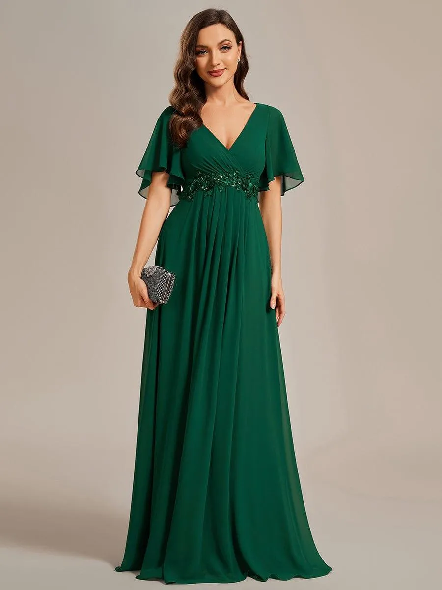 Gentle Iris | Ruffles Sleeve A-Line Chiffon Waist Applique Maxi Mother of the Bride Dress