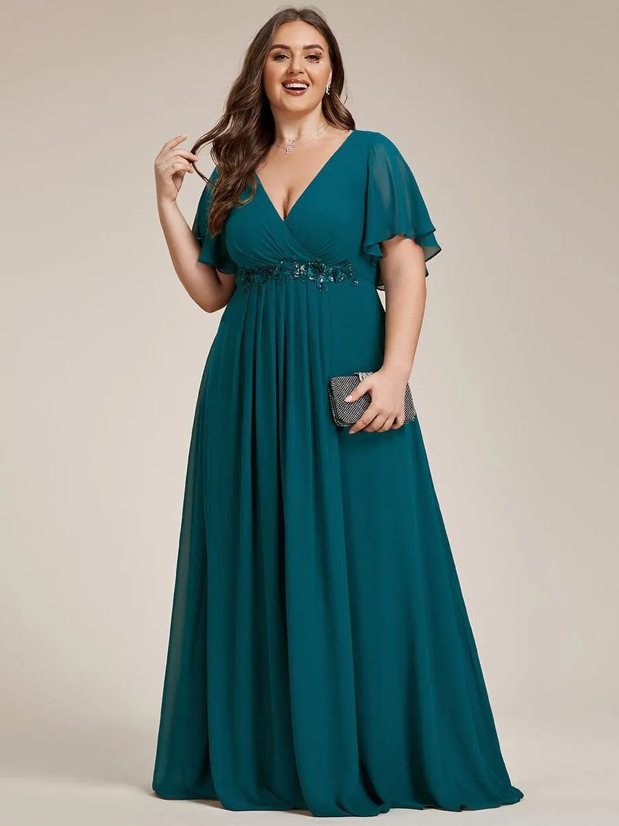 Gentle Iris | Ruffles Sleeve A-Line Chiffon Waist Applique Maxi Mother of the Bride Dress