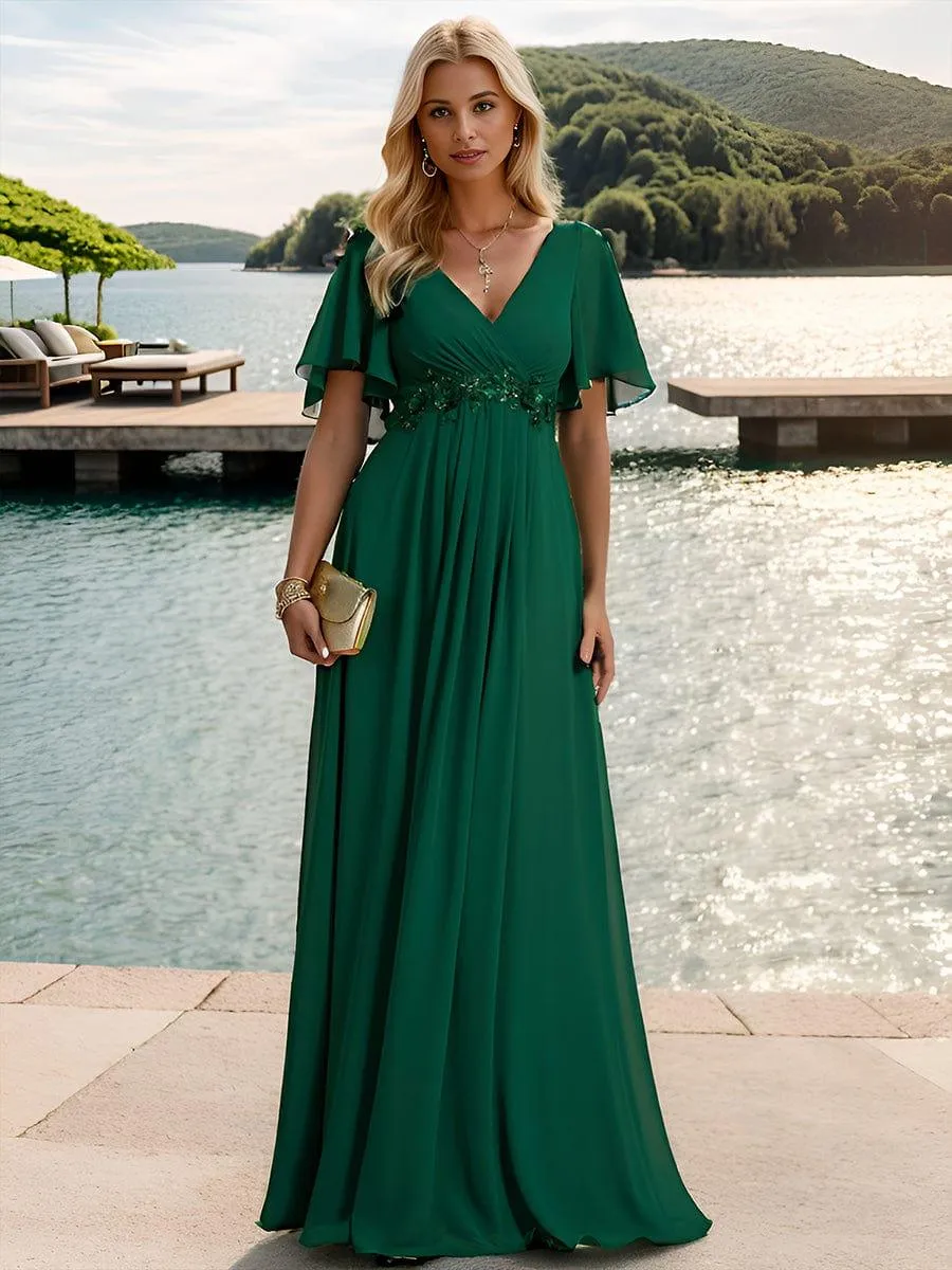 Gentle Iris | Ruffles Sleeve A-Line Chiffon Waist Applique Maxi Mother of the Bride Dress