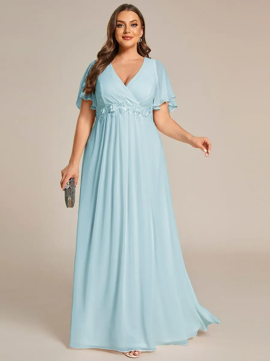 Gentle Iris | Ruffles Sleeve A-Line Chiffon Waist Applique Maxi Mother of the Bride Dress