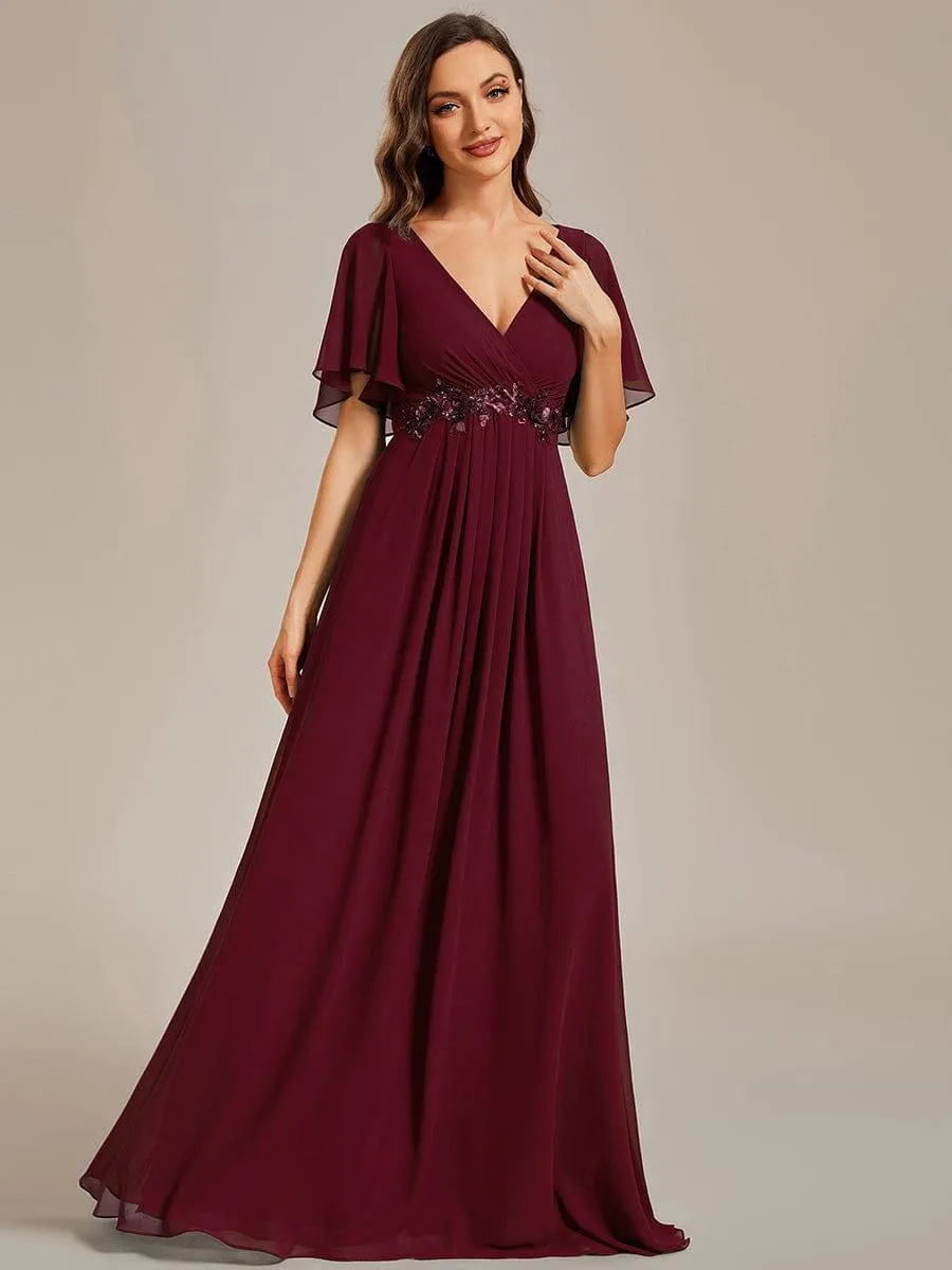 Gentle Iris | Ruffles Sleeve A-Line Chiffon Waist Applique Maxi Mother of the Bride Dress