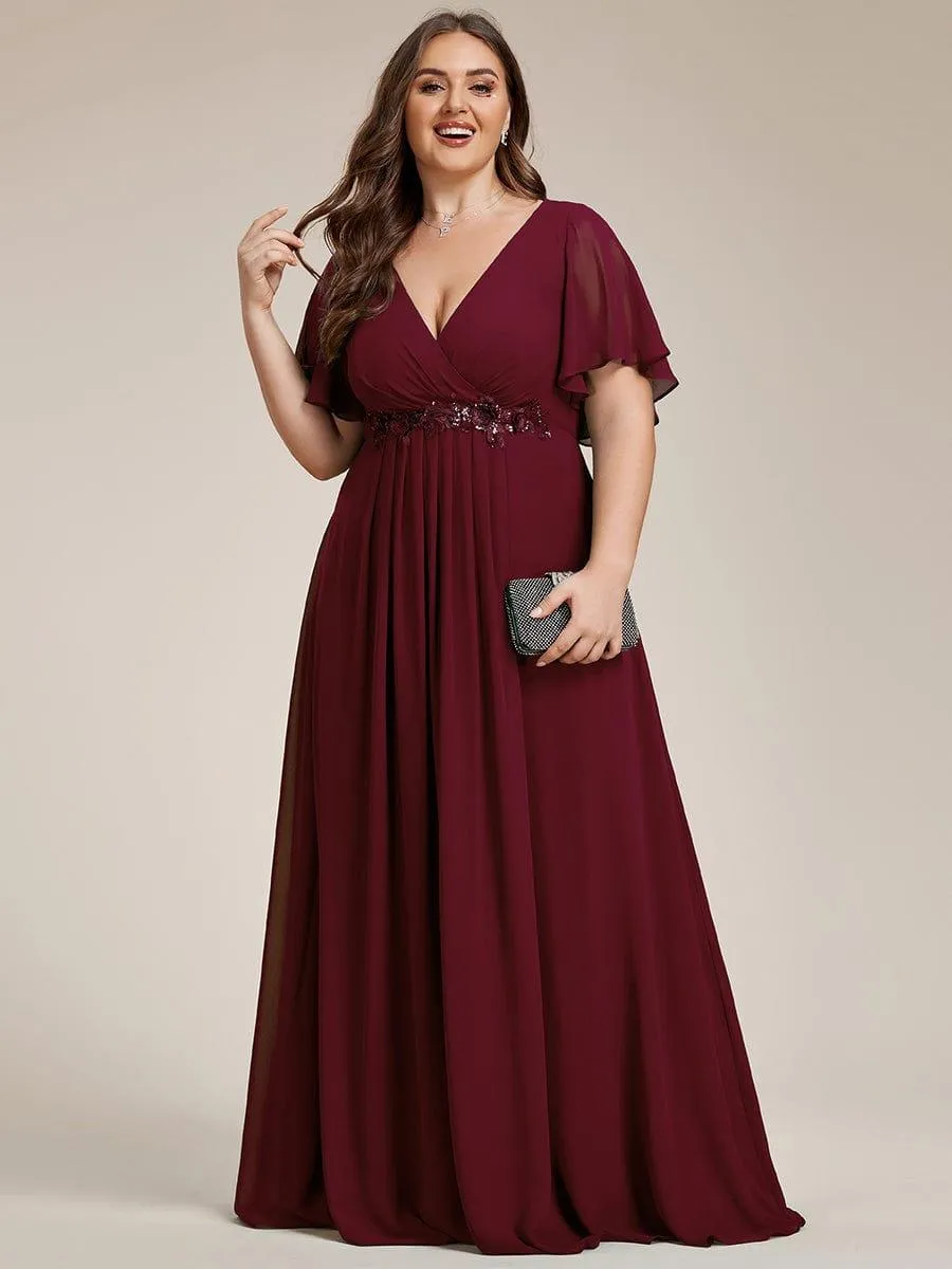 Gentle Iris | Ruffles Sleeve A-Line Chiffon Waist Applique Maxi Mother of the Bride Dress