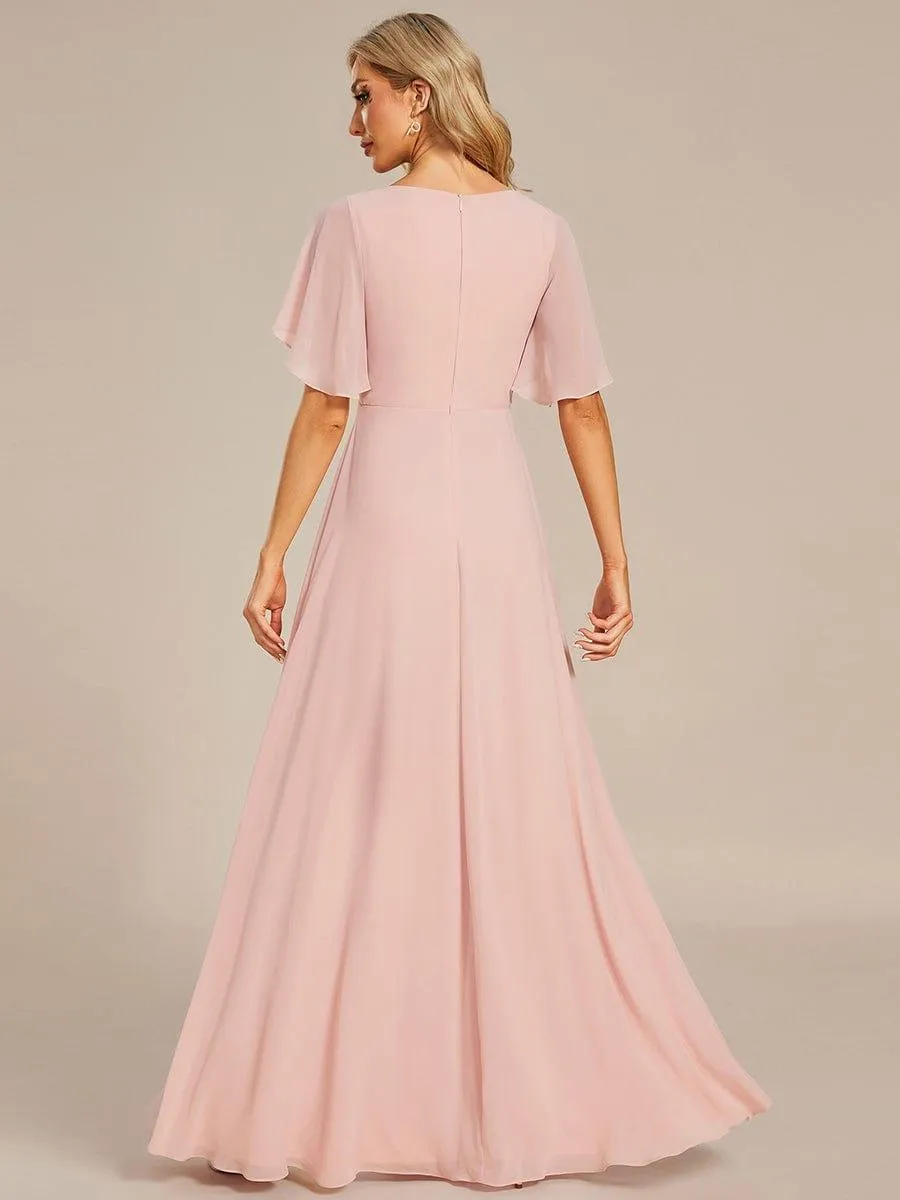 Gentle Iris | Ruffles Sleeve A-Line Chiffon Waist Applique Maxi Mother of the Bride Dress