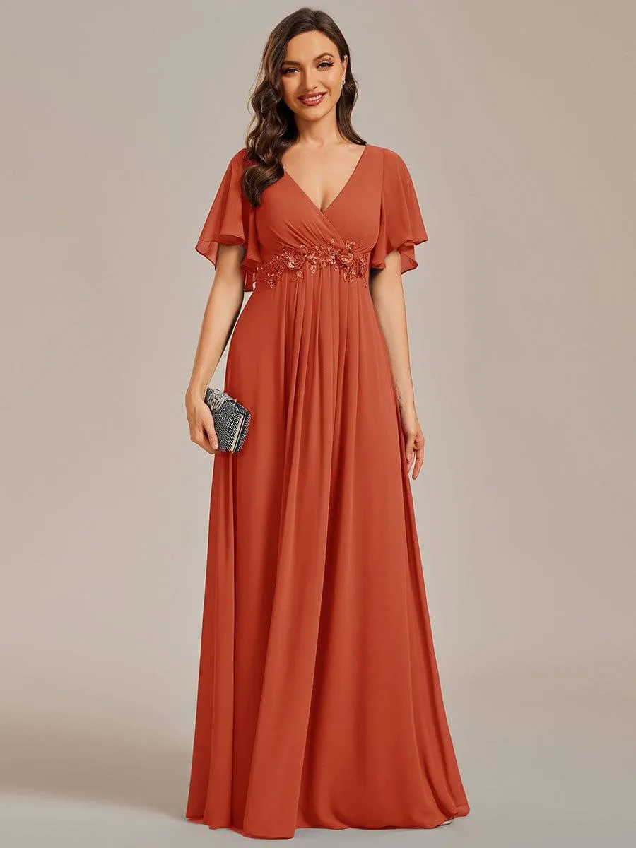 Gentle Iris | Ruffles Sleeve A-Line Chiffon Waist Applique Maxi Mother of the Bride Dress