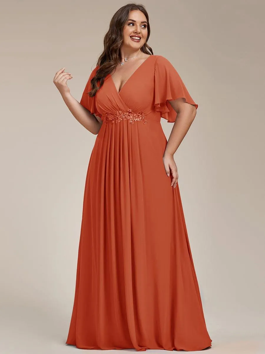 Gentle Iris | Ruffles Sleeve A-Line Chiffon Waist Applique Maxi Mother of the Bride Dress