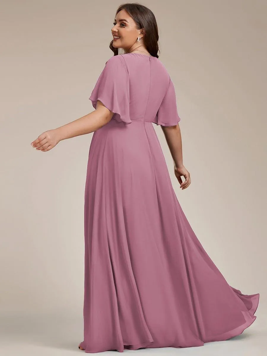 Gentle Iris | Ruffles Sleeve A-Line Chiffon Waist Applique Maxi Mother of the Bride Dress