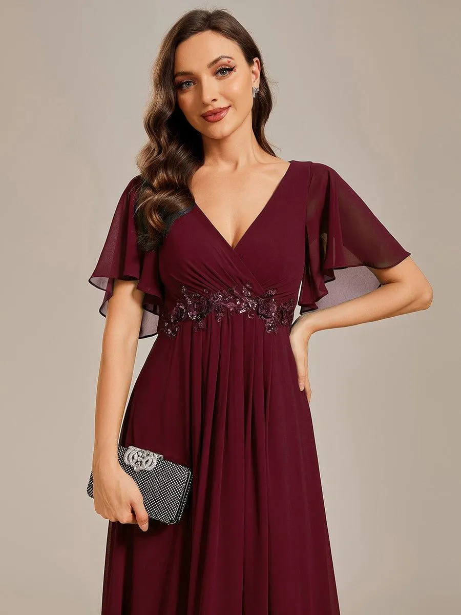 Gentle Iris | Ruffles Sleeve A-Line Chiffon Waist Applique Maxi Mother of the Bride Dress