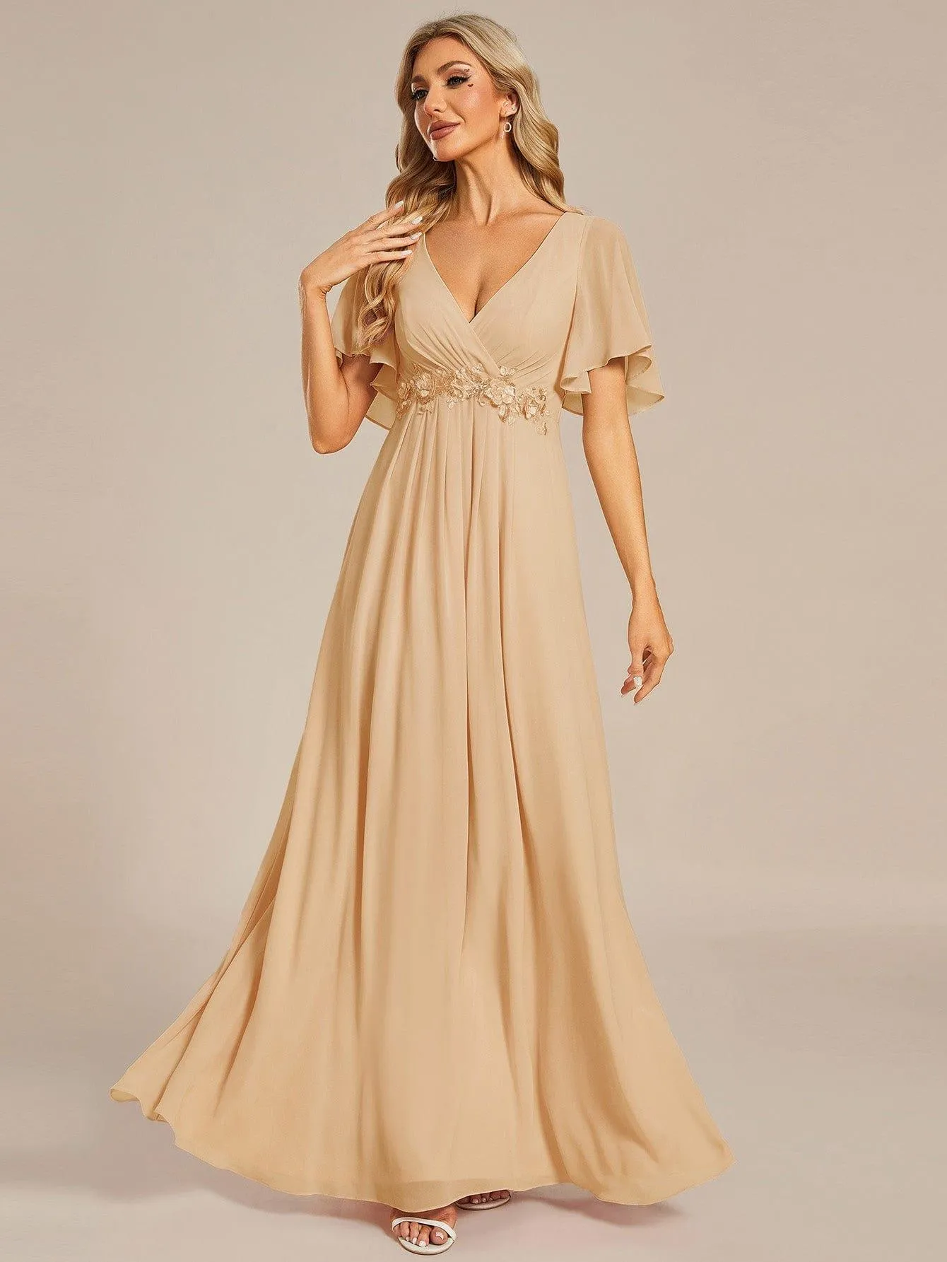 Gentle Iris | Ruffles Sleeve A-Line Chiffon Waist Applique Maxi Mother of the Bride Dress