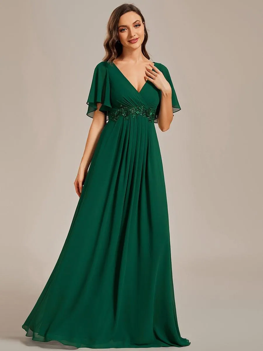 Gentle Iris | Ruffles Sleeve A-Line Chiffon Waist Applique Maxi Mother of the Bride Dress