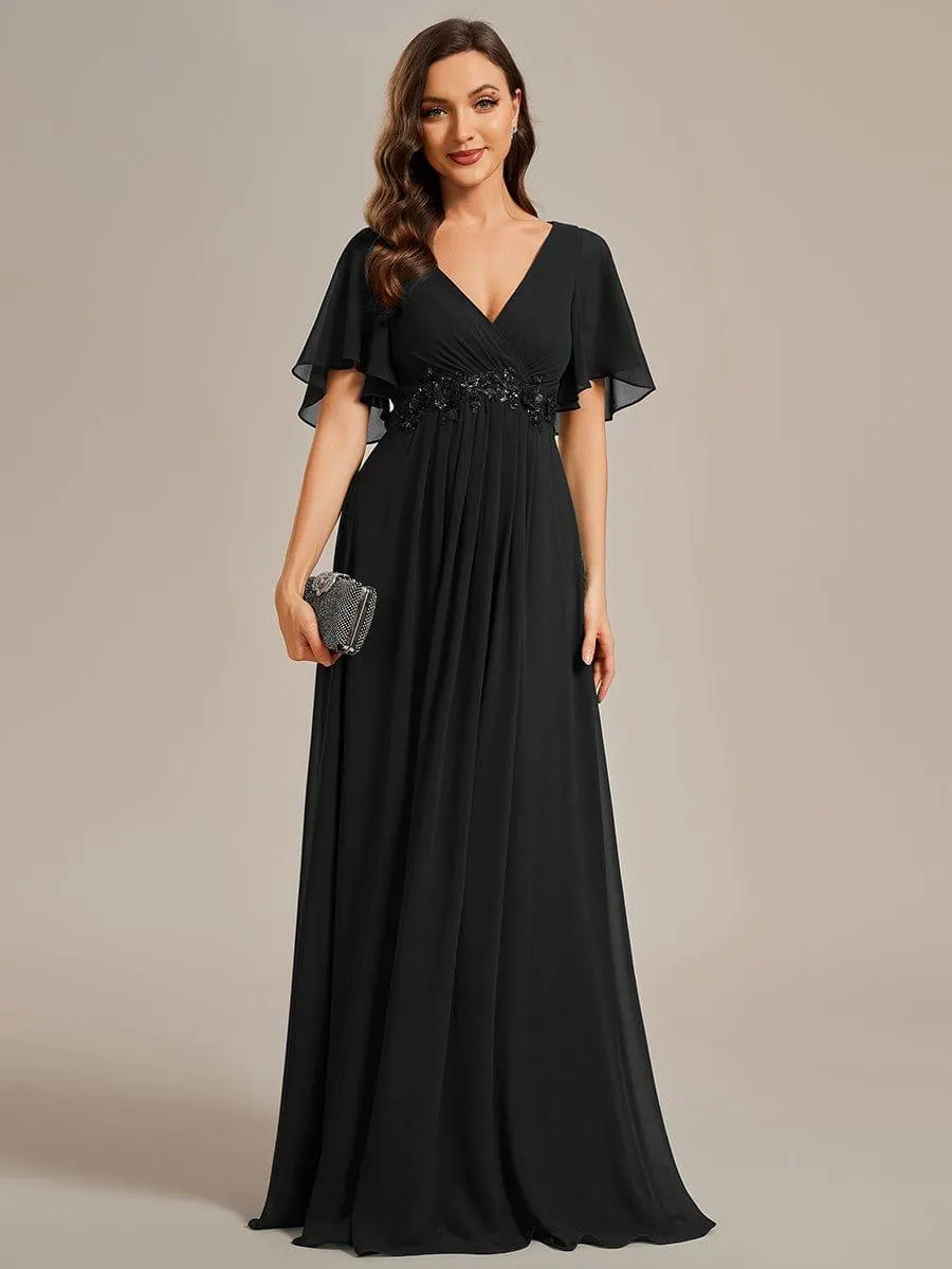 Gentle Iris | Ruffles Sleeve A-Line Chiffon Waist Applique Maxi Mother of the Bride Dress