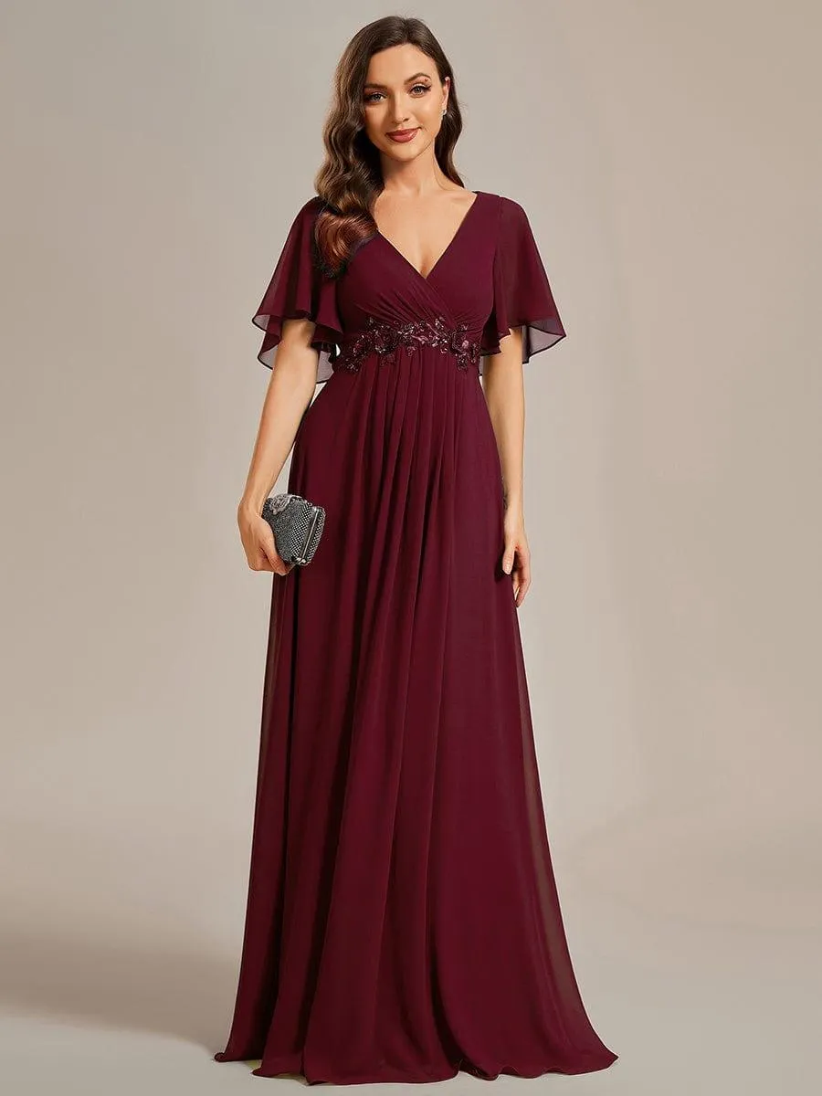 Gentle Iris | Ruffles Sleeve A-Line Chiffon Waist Applique Maxi Mother of the Bride Dress