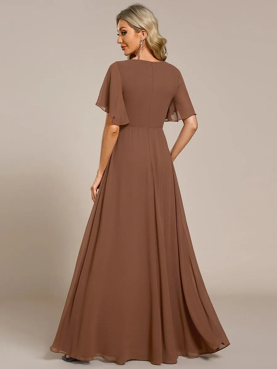 Gentle Iris | Ruffles Sleeve A-Line Chiffon Waist Applique Maxi Mother of the Bride Dress