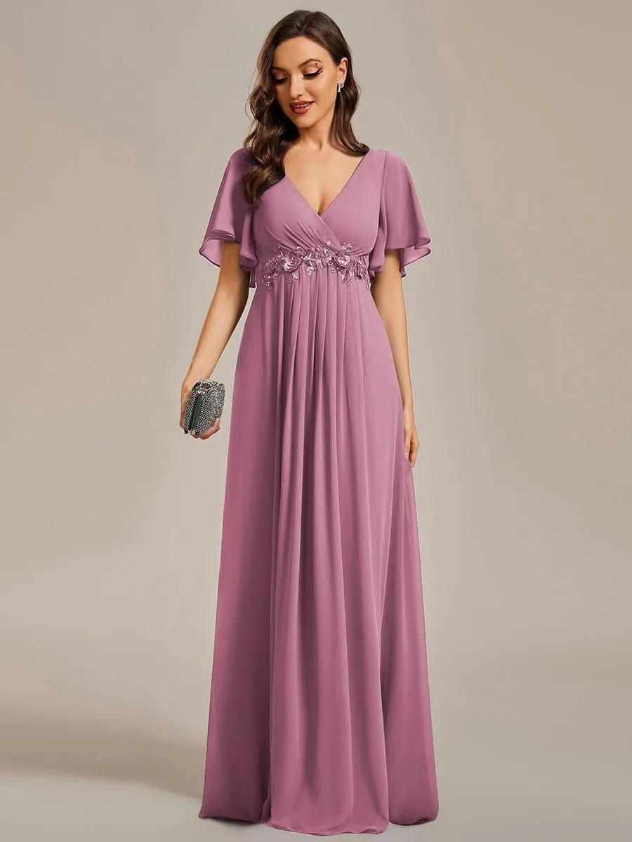 Gentle Iris | Ruffles Sleeve A-Line Chiffon Waist Applique Maxi Mother of the Bride Dress