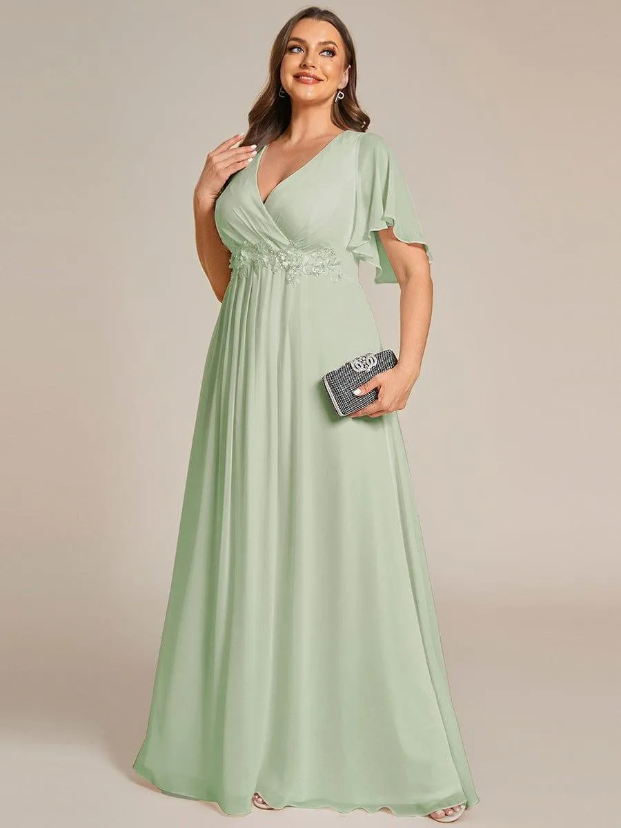 Gentle Iris | Ruffles Sleeve A-Line Chiffon Waist Applique Maxi Mother of the Bride Dress