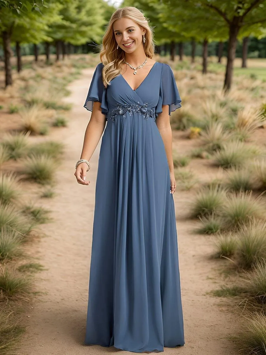 Gentle Iris | Ruffles Sleeve A-Line Chiffon Waist Applique Maxi Mother of the Bride Dress