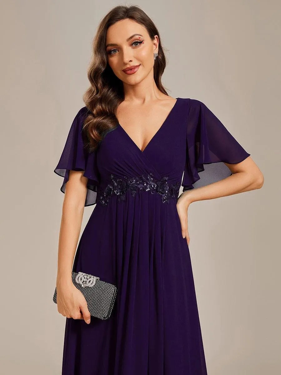 Gentle Iris | Ruffles Sleeve A-Line Chiffon Waist Applique Maxi Mother of the Bride Dress